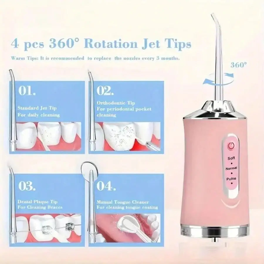 HydroJet™ USB Oral Irrigator – Deep Cleaning Water Flosser with 4 Nozzles, 200ML