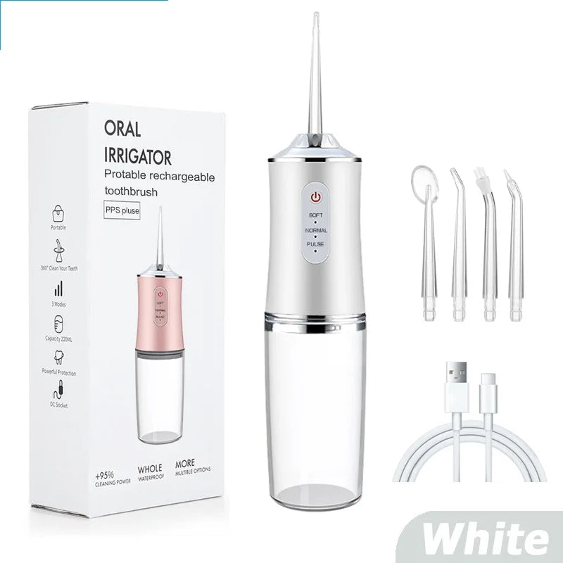 HydroJet™ USB Oral Irrigator – Deep Cleaning Water Flosser with 4 Nozzles, 200ML